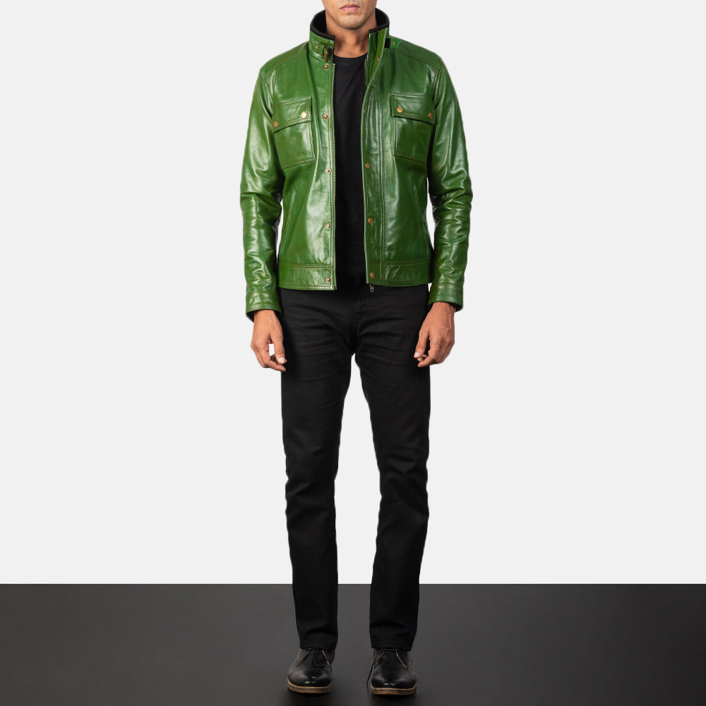 Darren Distressed Green Leather Biker Jacket - men's jacket in green cowhide leather, view 4