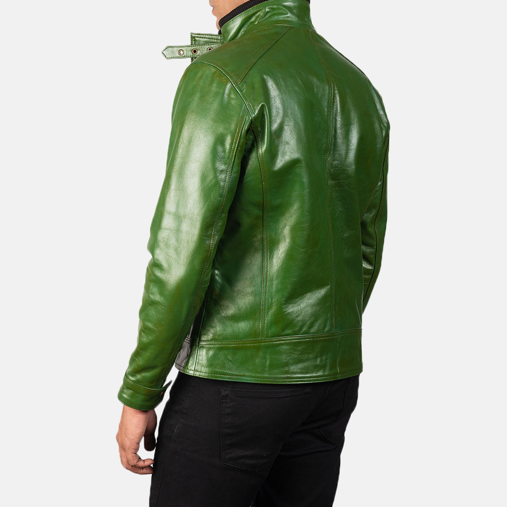 Darren Distressed Green Leather Biker Jacket - men's jacket in green cowhide leather, view 5