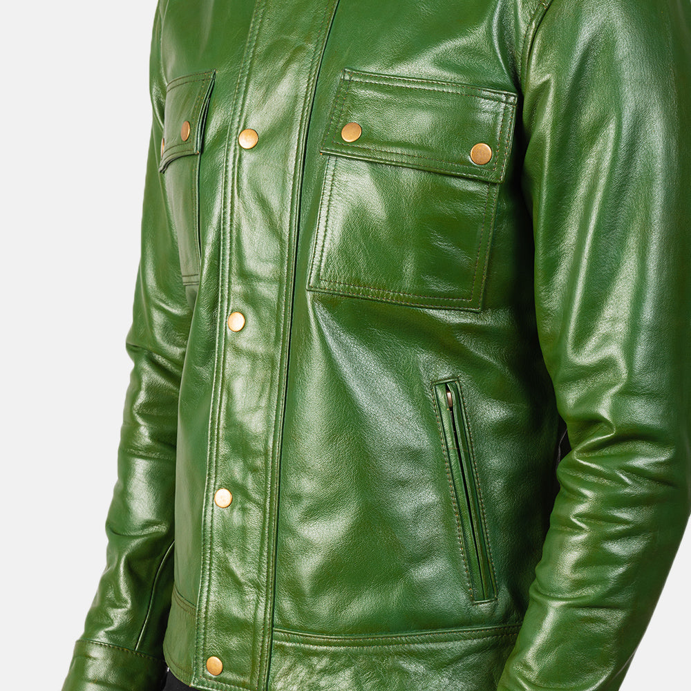 Darren Distressed Green Leather Biker Jacket - men's jacket in green cowhide leather, view 6