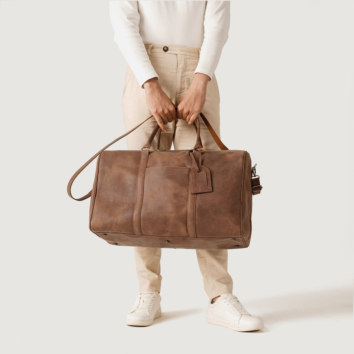 Brex Darrio Vintage Tan Brown Leather Duffle Bag - brown & tan vintage leather duffle bag, view 10