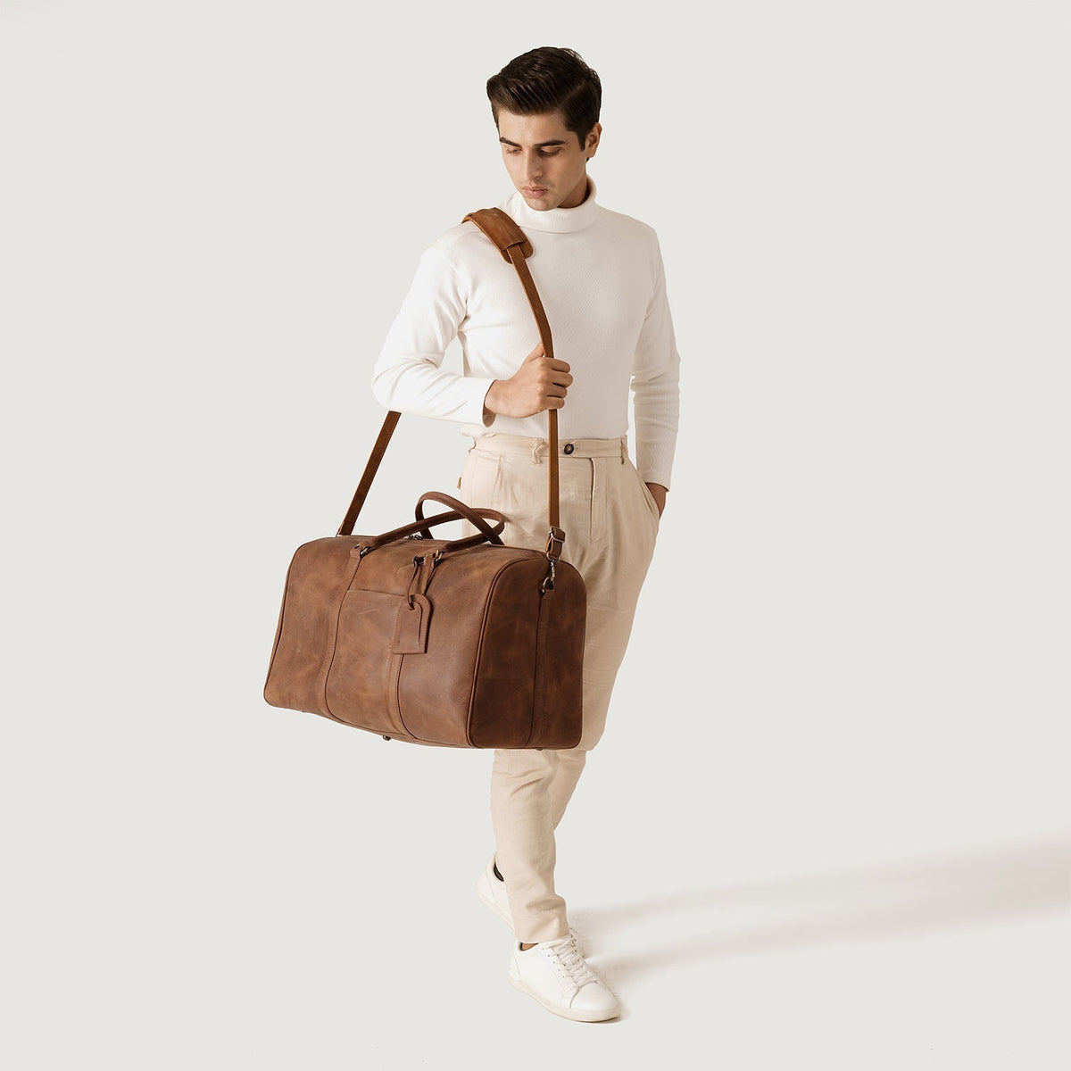 Brex Darrio Vintage Tan Brown Leather Duffle Bag - brown & tan vintage leather duffle bag, view 2