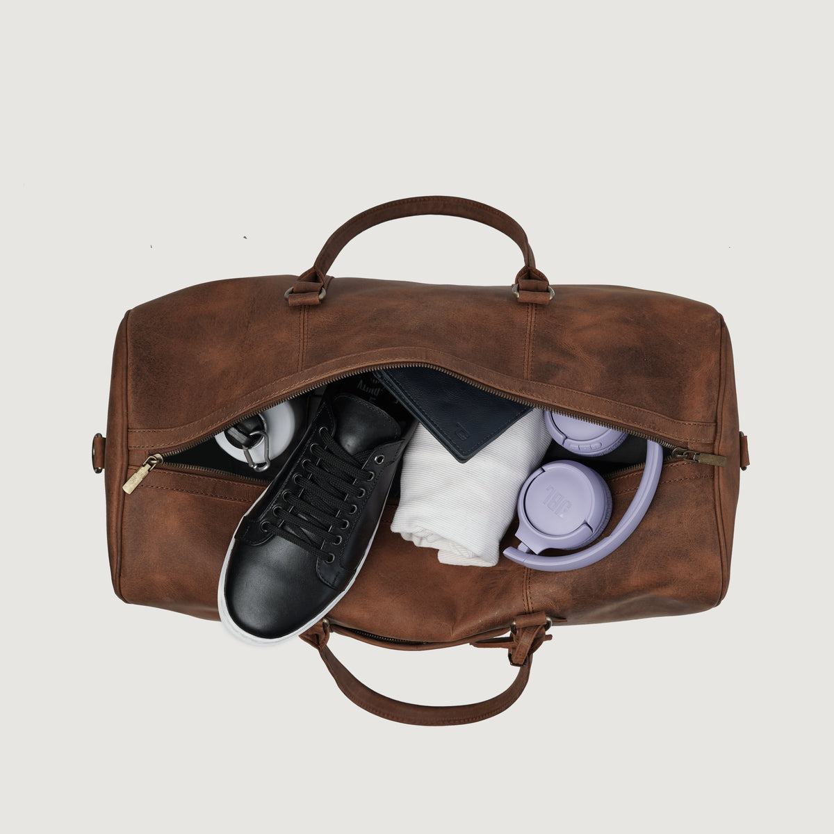 Brex Darrio Vintage Tan Brown Leather Duffle Bag - brown & tan vintage leather duffle bag, view 6