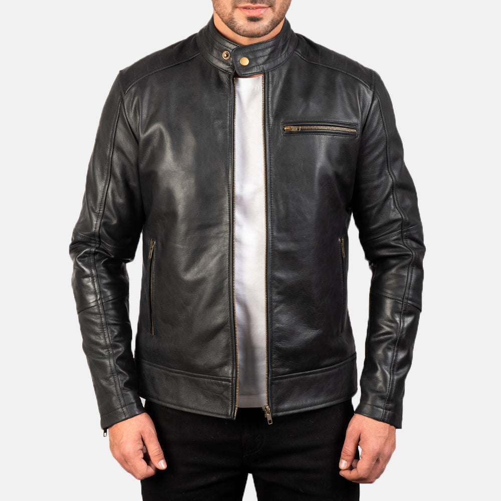 Dean Black Leather Biker Jacket - men's jacket in black cowhide leather, view 1