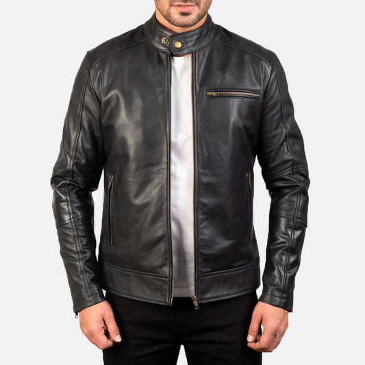 Dean Black Leather Biker Jacket - men's jacket in black cowhide leather, view 1