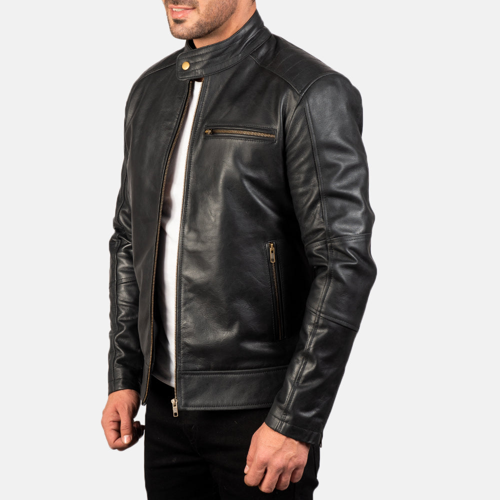Dean Black Leather Biker Jacket - men's jacket in black cowhide leather, view 2