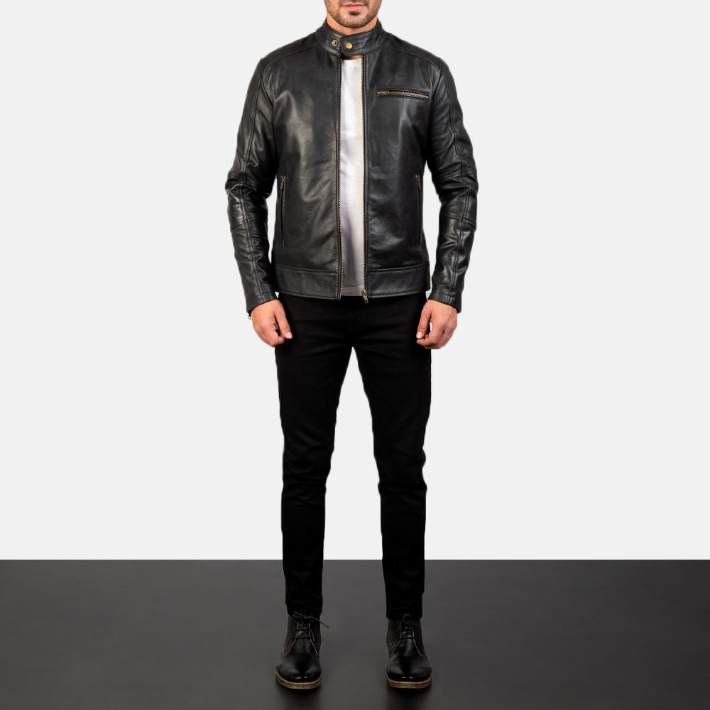 Dean Black Leather Biker Jacket - men's jacket in black cowhide leather, view 3