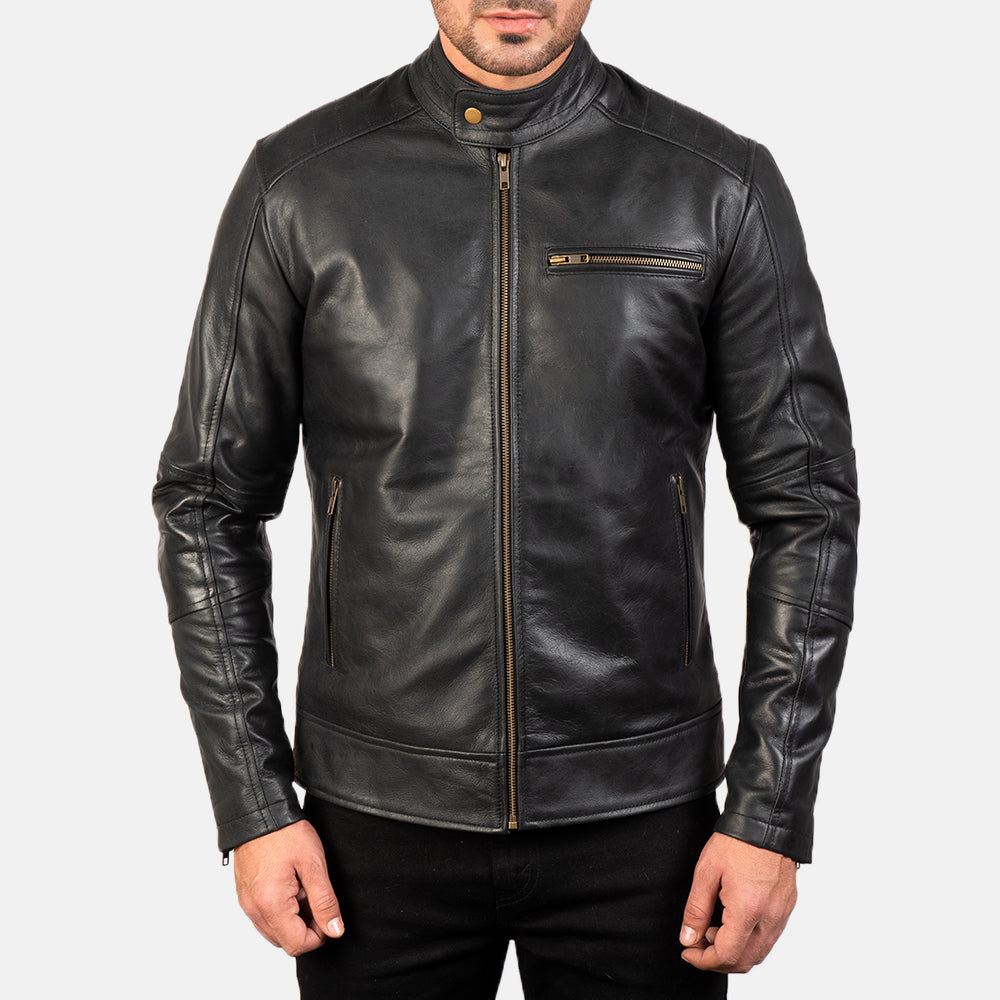 Dean Black Leather Biker Jacket - men's jacket in black cowhide leather, view 4