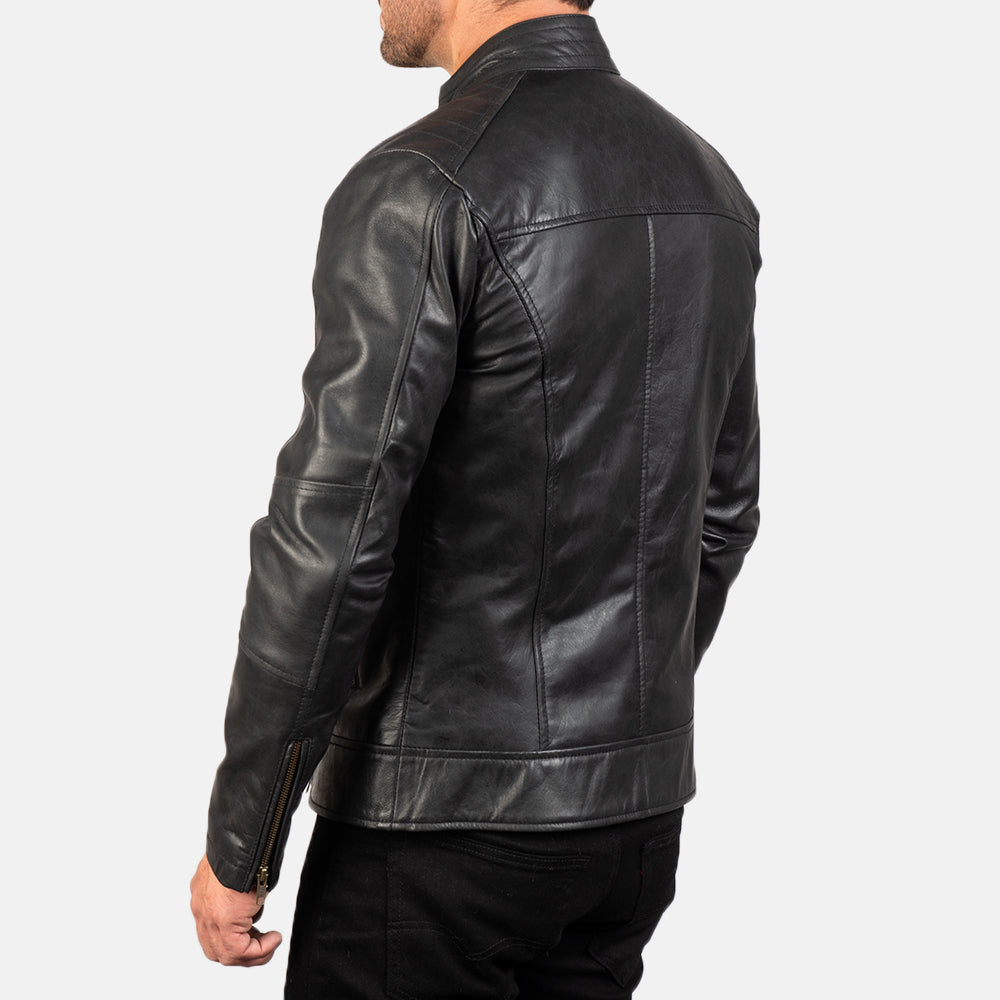 Dean Black Leather Biker Jacket - men's jacket in black cowhide leather, view 5