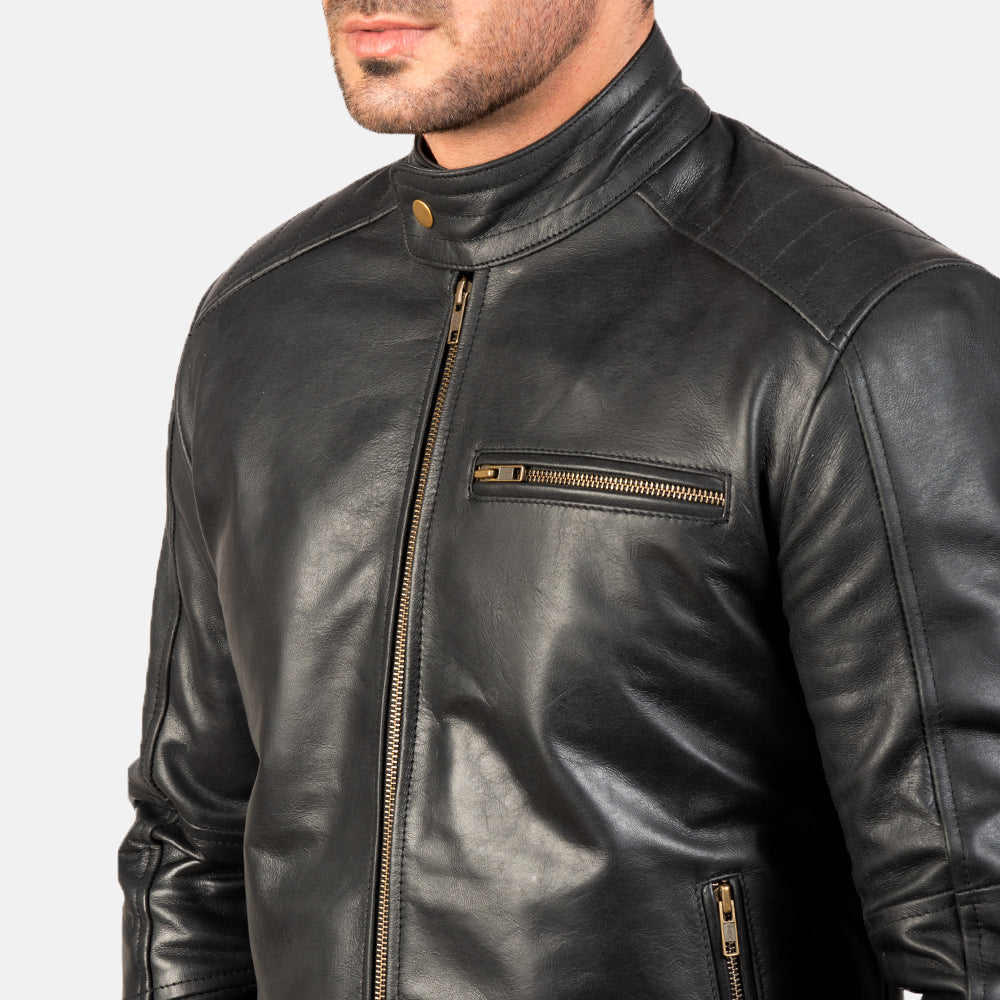 Dean Black Leather Biker Jacket - men's jacket in black cowhide leather, view 6