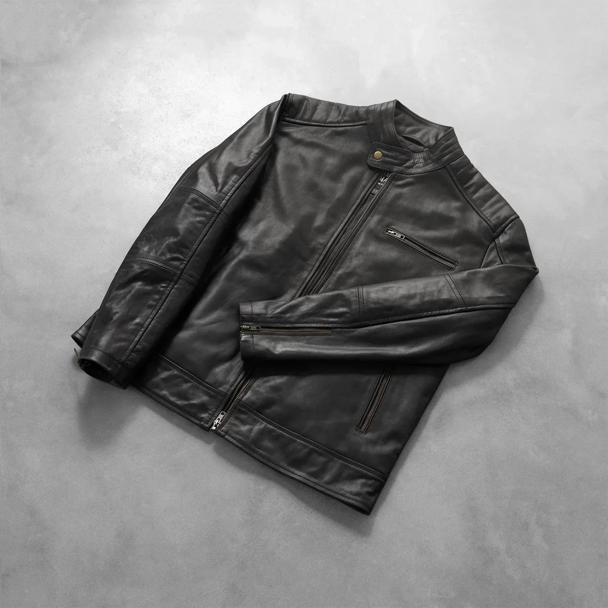 Dean Black Leather Biker Jacket - men's jacket in black cowhide leather, view 7