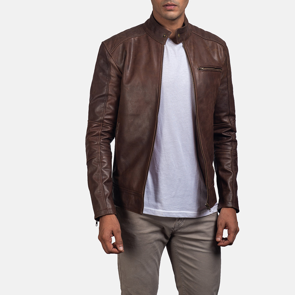 Dean Brown Leather Biker Jacket - men's jacket in brown cowhide leather, view 1