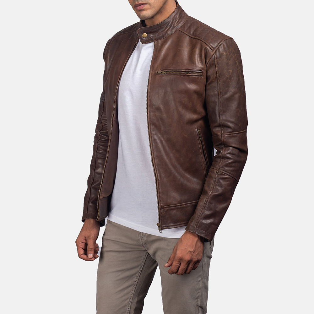Dean Brown Leather Biker Jacket - men's jacket in brown cowhide leather, view 2