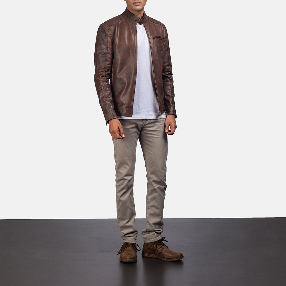 Dean Brown Leather Biker Jacket - men's jacket in brown cowhide leather, view 3