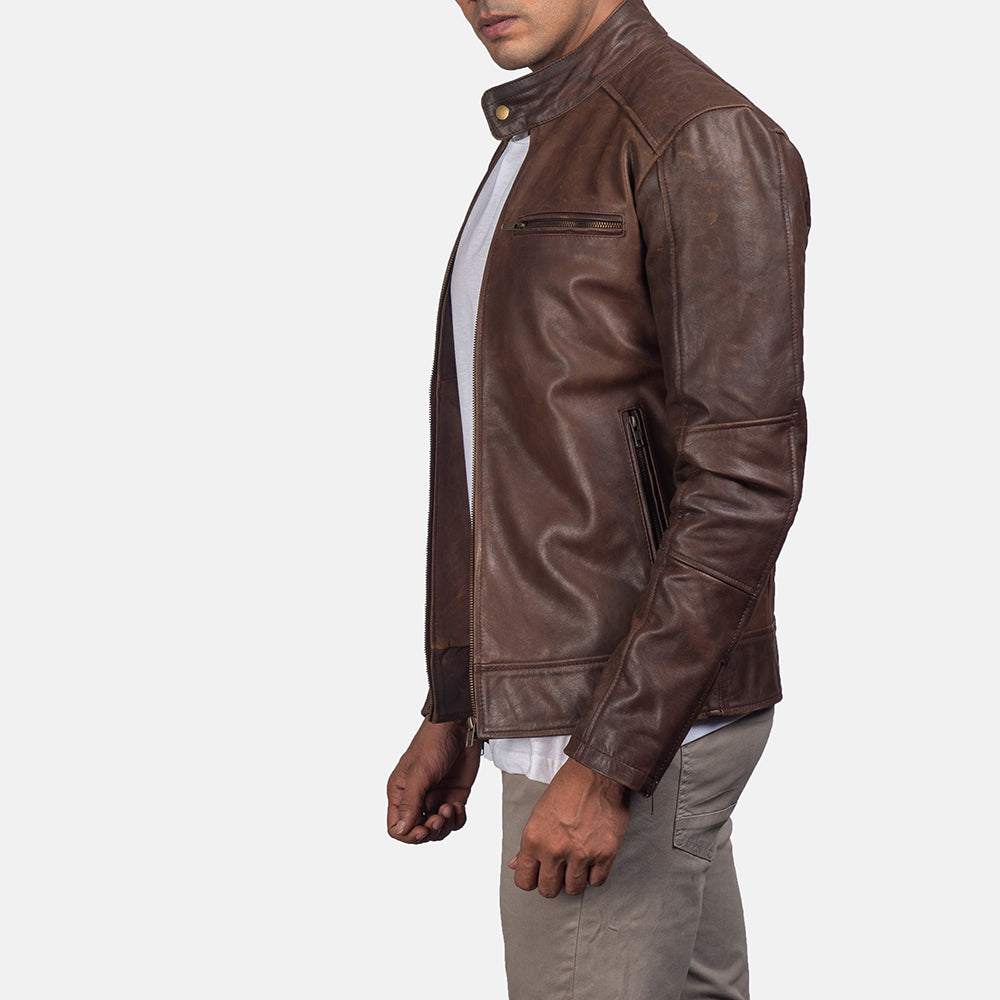 Dean Brown Leather Biker Jacket - men's jacket in brown cowhide leather, view 4