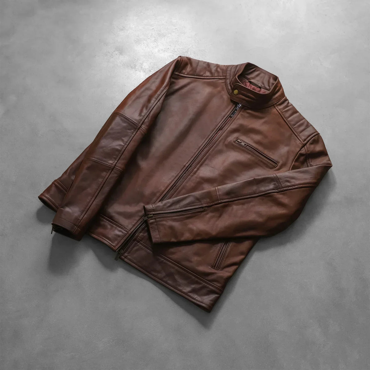 Dean Brown Leather Biker Jacket - men's jacket in brown cowhide leather, view 7