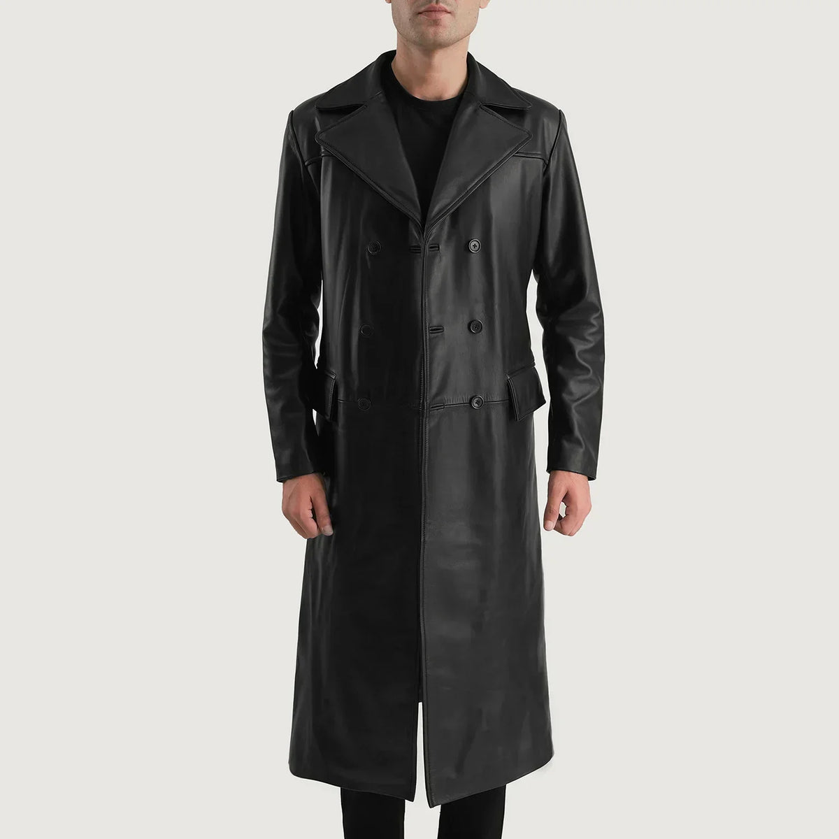 Delmar Black Leather Double Breasted Coat - men's coat in black premium leather, view 1