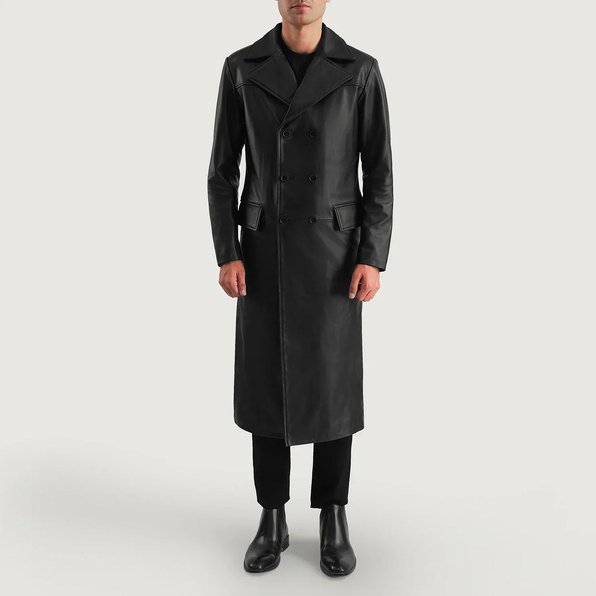 Delmar Black Leather Double Breasted Coat - men's coat in black premium leather, view 3