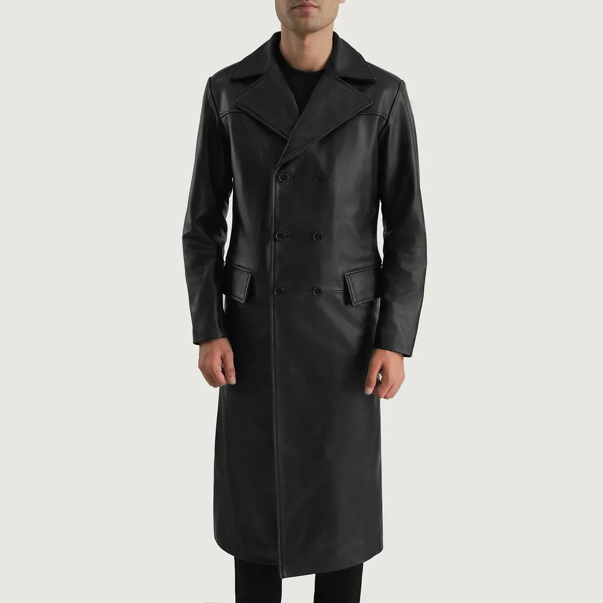 Delmar Black Leather Double Breasted Coat - men's coat in black premium leather, view 4