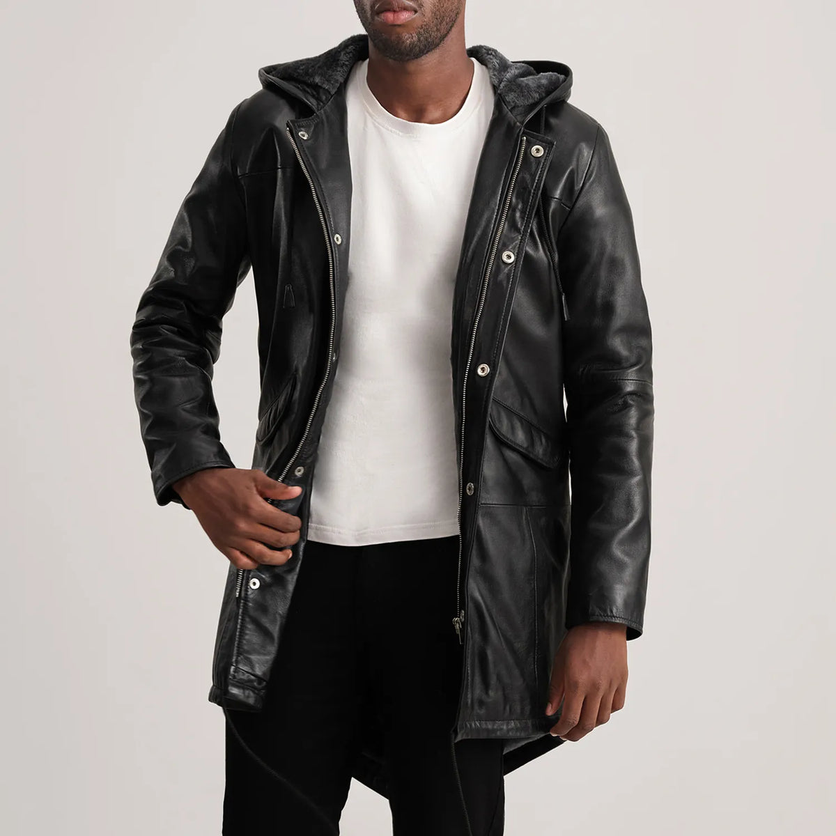 Delvin Black Leather Parka - men's parka in black sheepskin leather, view 1