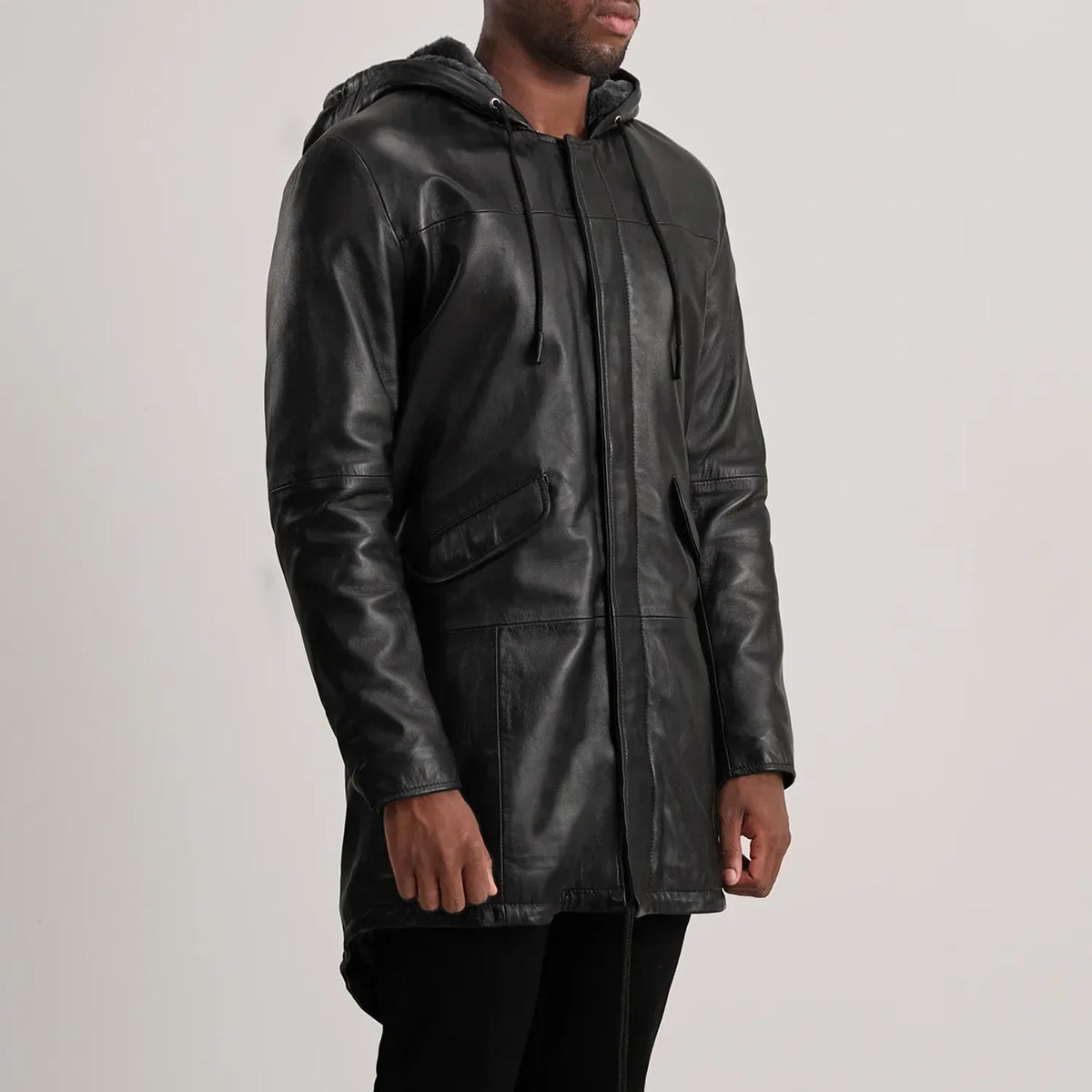 Delvin Black Leather Parka - men's parka in black sheepskin leather, view 2