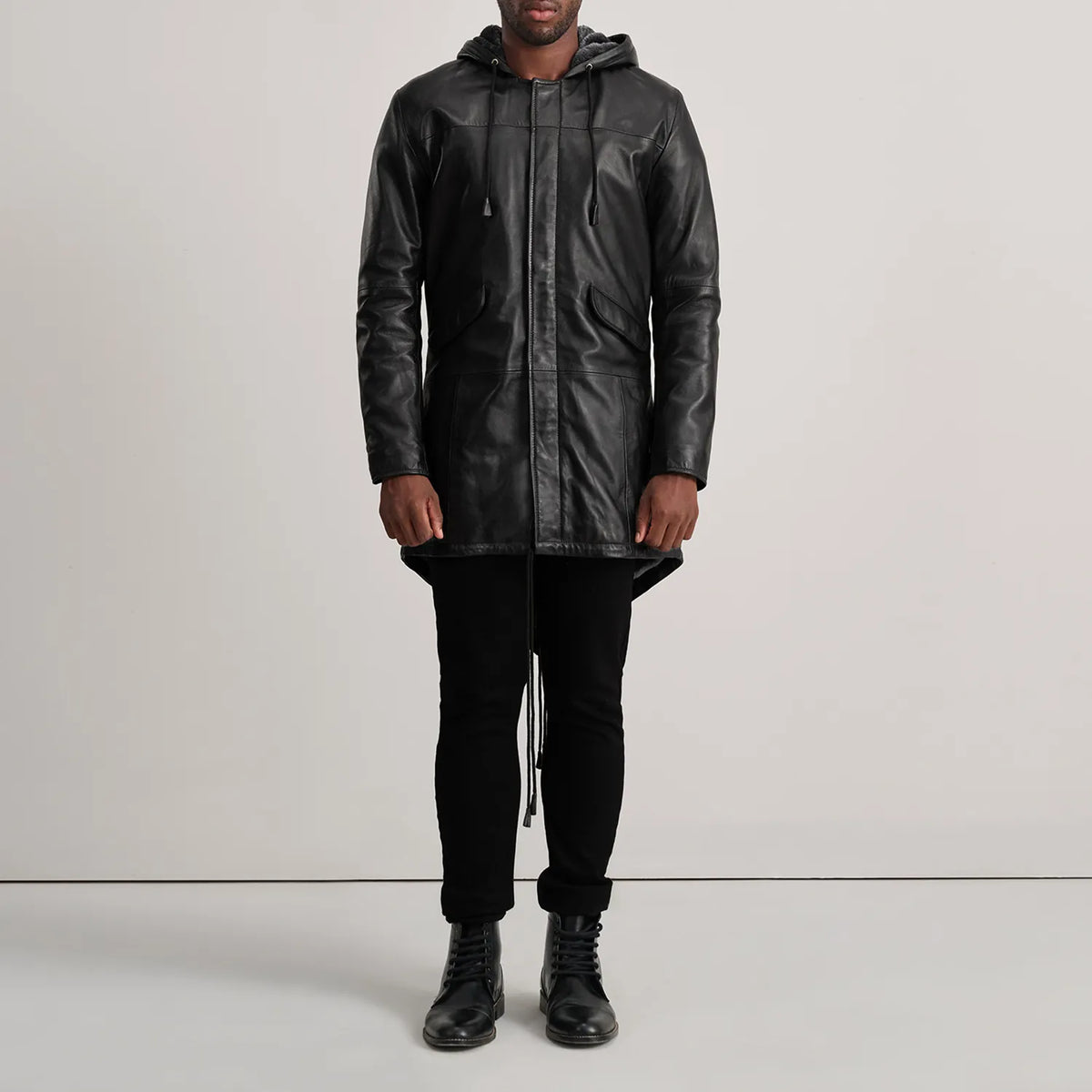 Delvin Black Leather Parka - men's parka in black sheepskin leather, view 3