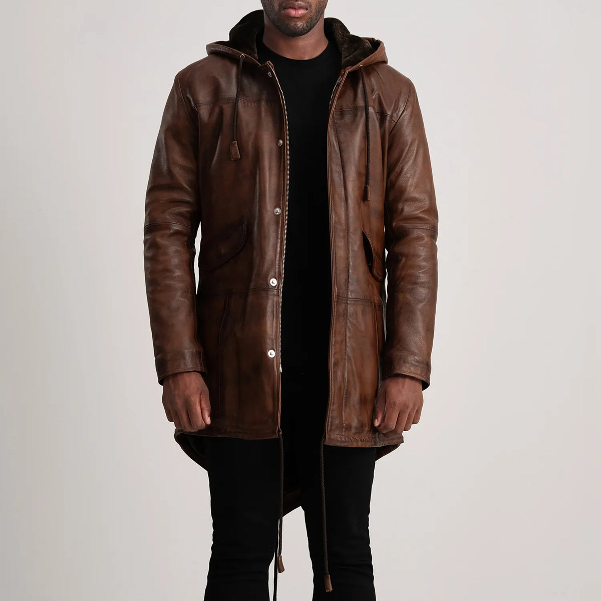 Delvin Distressed Brown Leather Parka - men's jacket in brown sheepskin leather, view 1