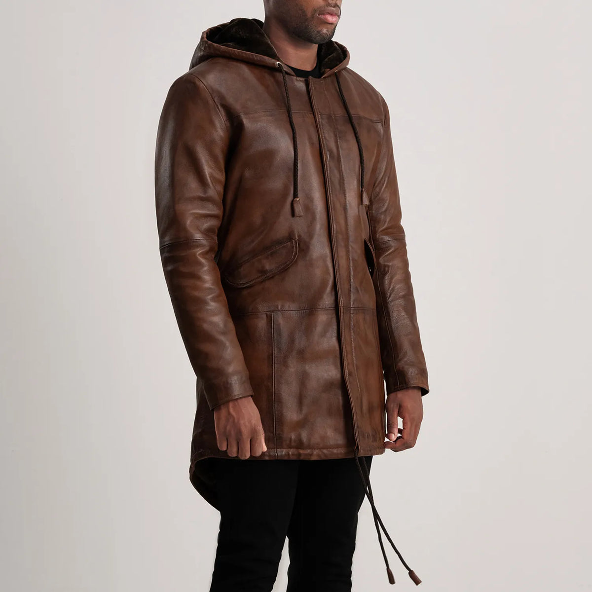 Delvin Distressed Brown Leather Parka - men's jacket in brown sheepskin leather, view 2