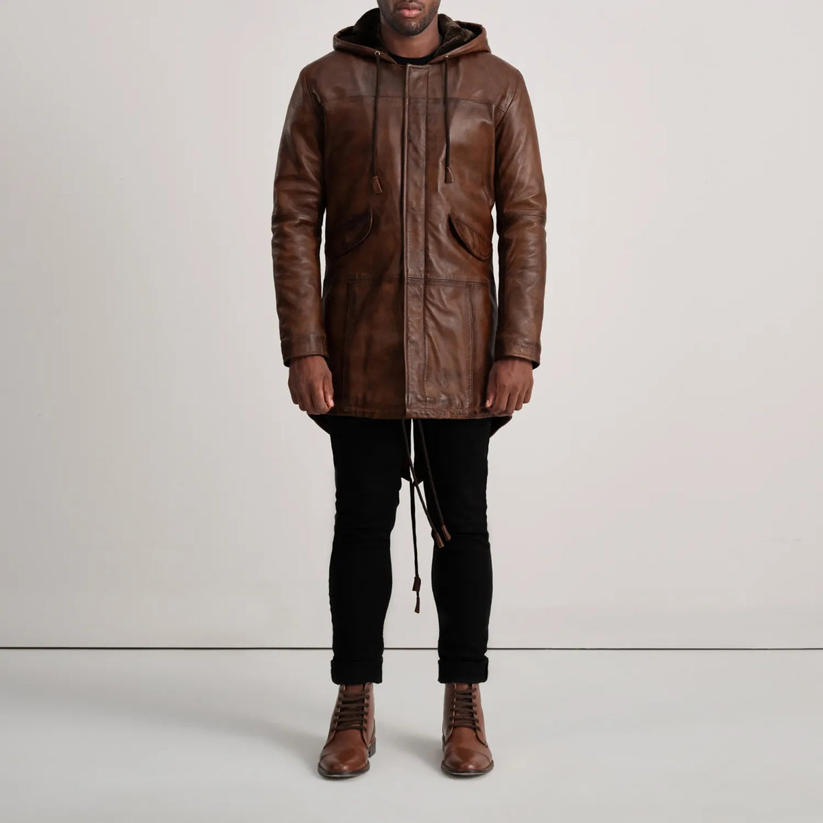 Delvin Distressed Brown Leather Parka - men's jacket in brown sheepskin leather, view 3