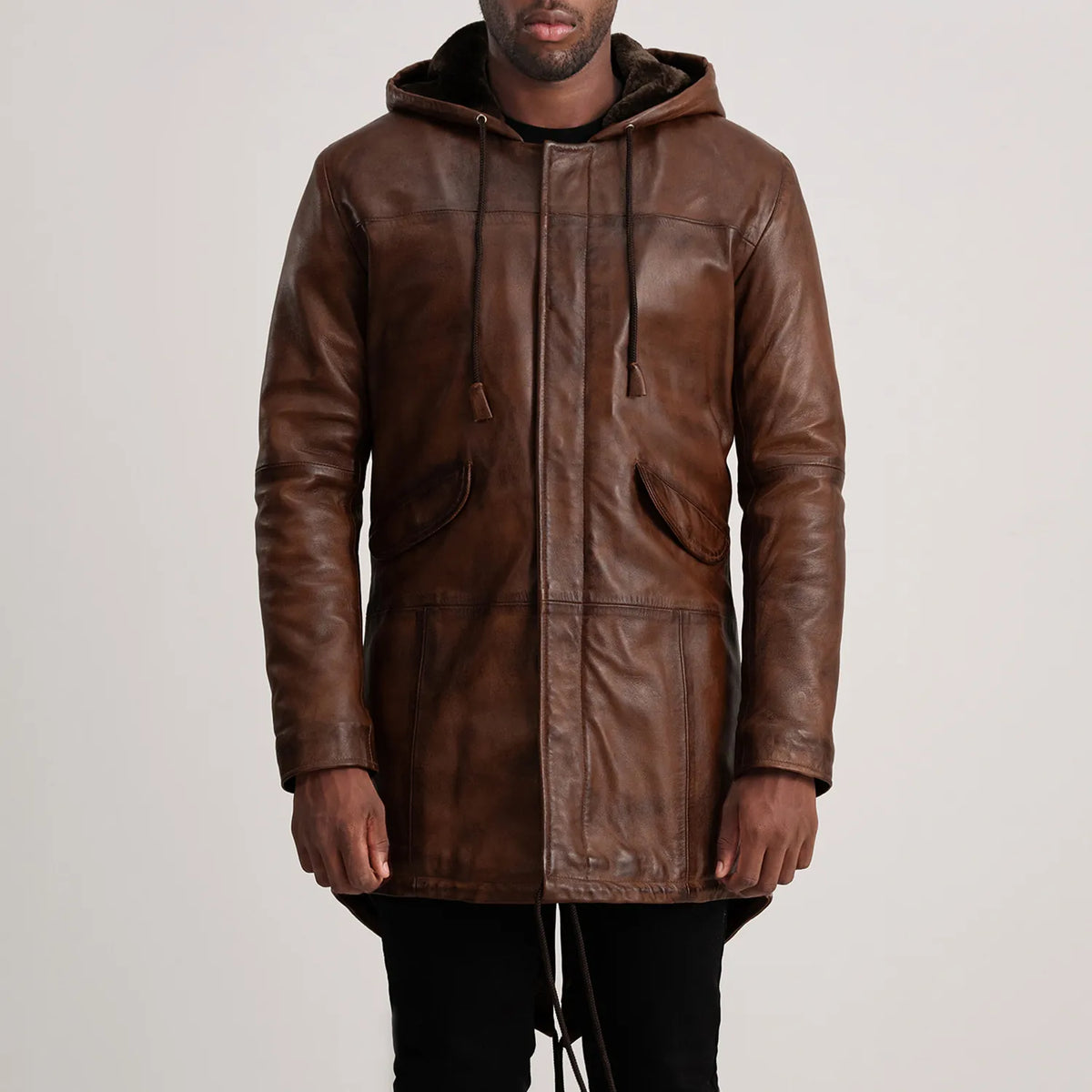 Delvin Distressed Brown Leather Parka - men's jacket in brown sheepskin leather, view 4