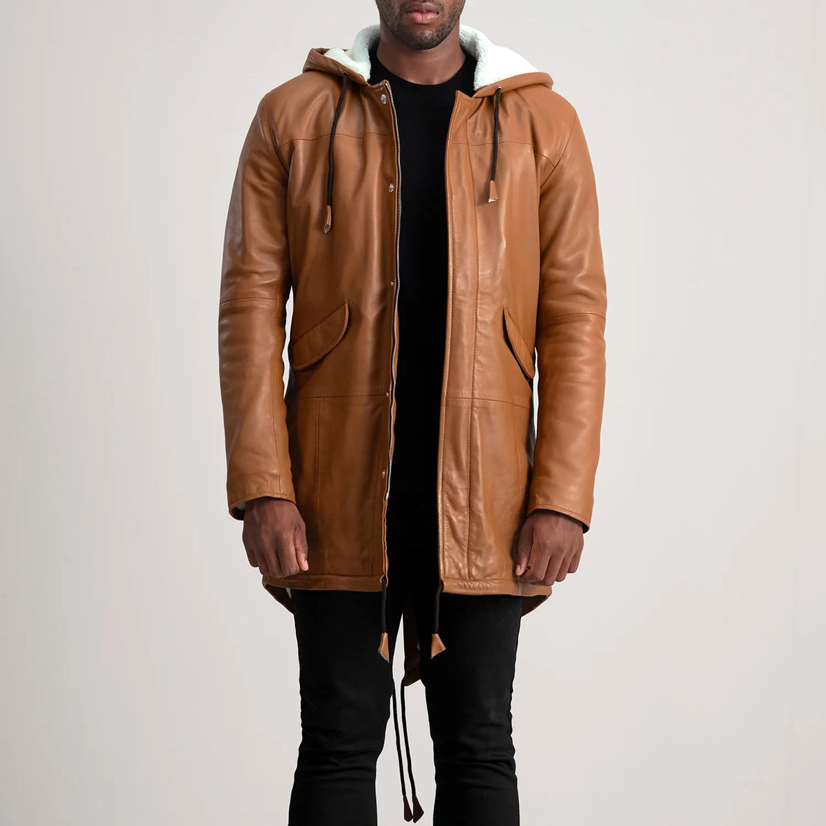 Delvin Tan Leather Parka - men's jacket in tan sheepskin leather, view 1