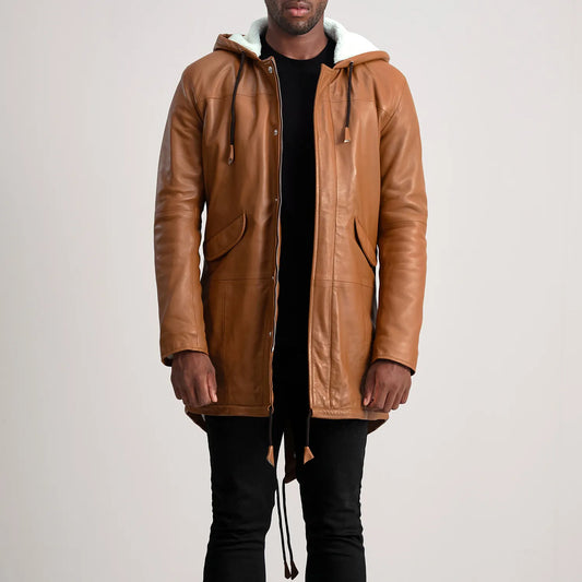 Delvin Tan Leather Parka - men's jacket in tan sheepskin leather, view 1