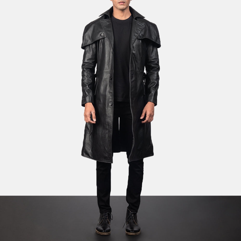Deux Black Leather Duster - men's duster in black cowhide leather, view 1