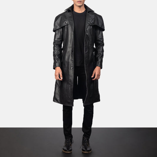 Deux Black Leather Duster - men's duster in black cowhide leather, view 1