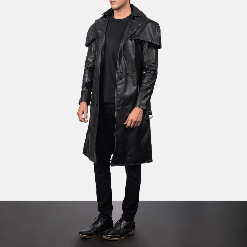 Deux Black Leather Duster - men's duster in black cowhide leather, view 3