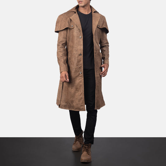Deux Brown Leather Duster - men's duster in brown leather, view 1