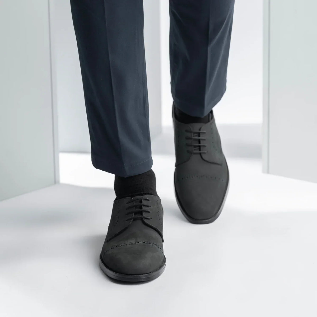 Dirk Brogues Derby Matte Black Nubuck Leather Shoes Rugged Sole - men's shoes in black nubuck leather, view 6