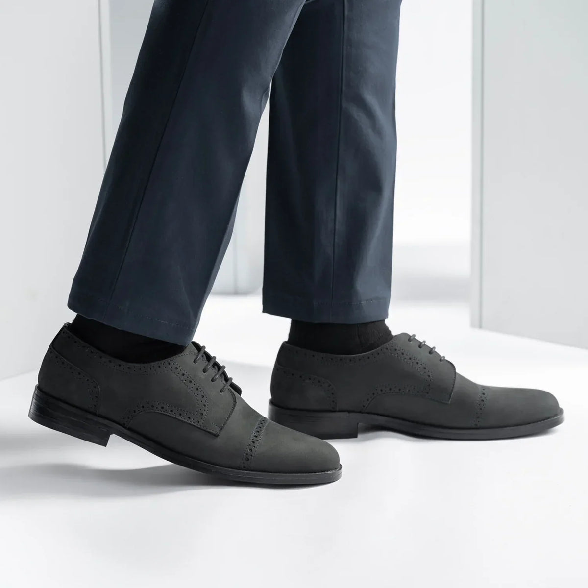 Dirk Brogues Derby Matte Black Nubuck Leather Shoes Rugged Sole - men's shoes in black nubuck leather, view 7