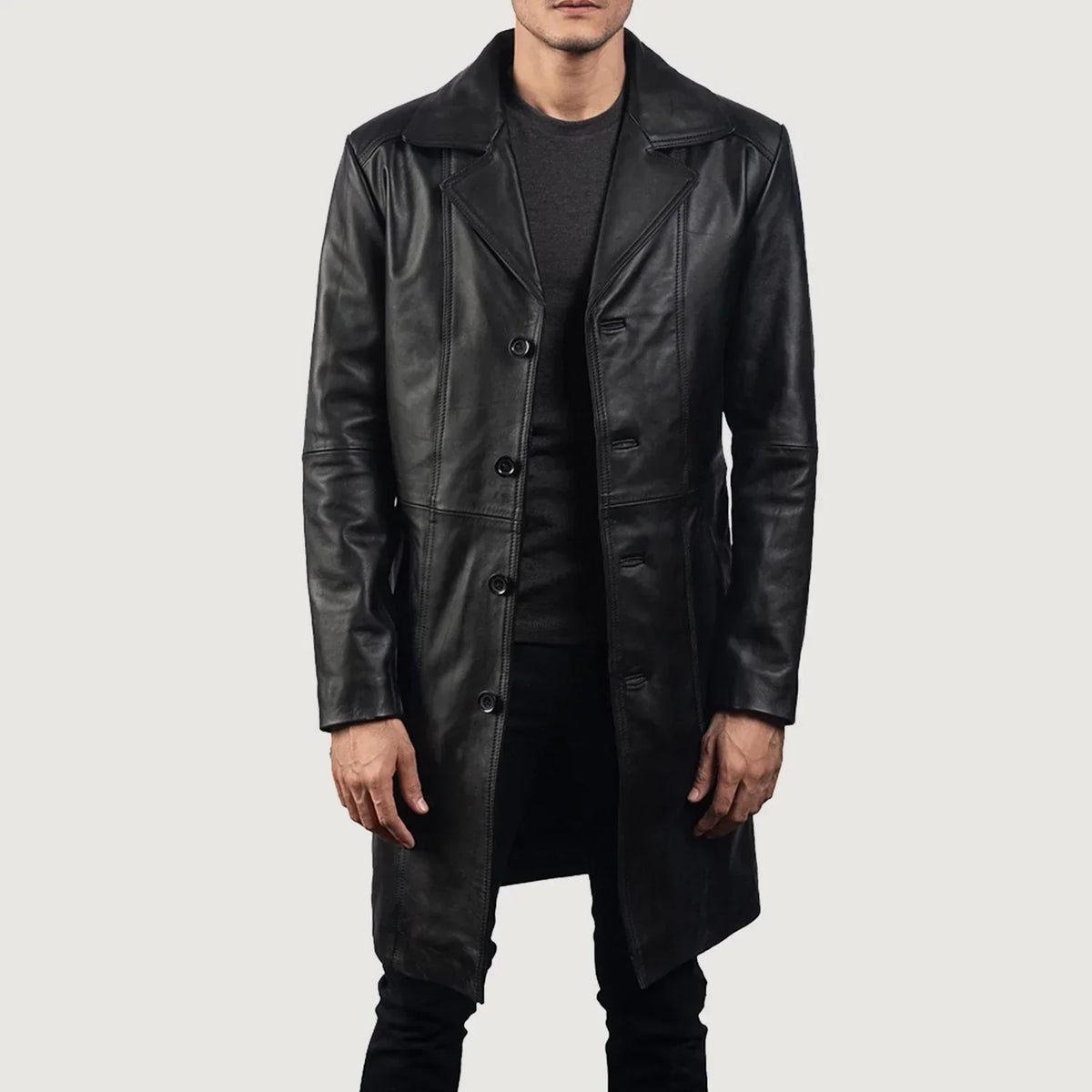 Don Long Black Leather Coat - men's coat in black cowhide leather, view 1