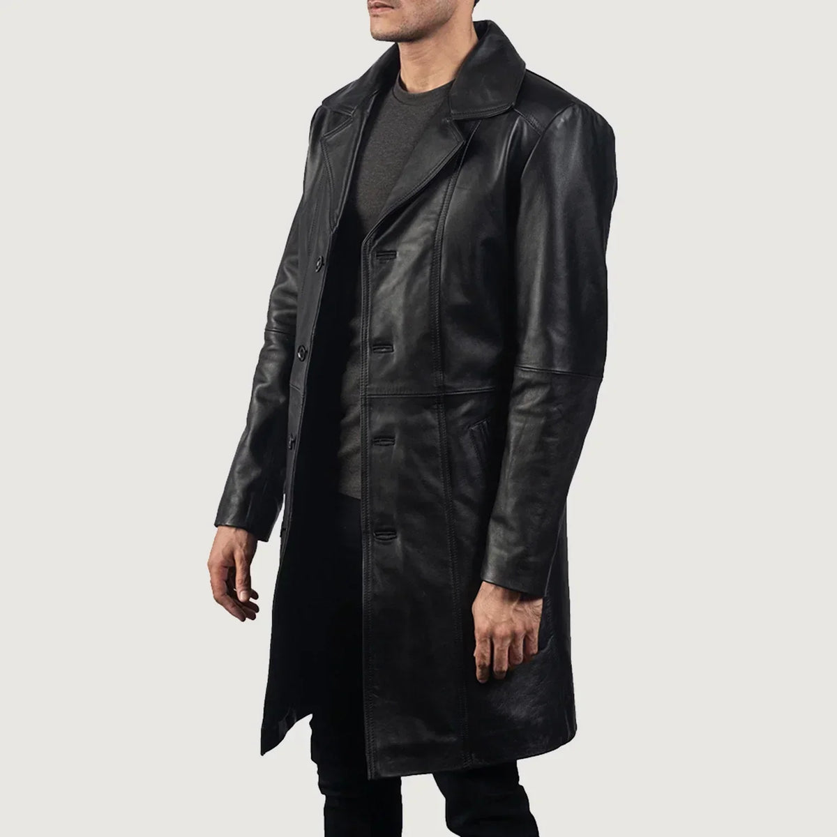 Don Long Black Leather Coat - men's coat in black cowhide leather, view 2