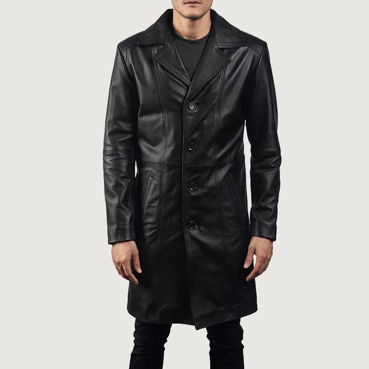 Don Long Black Leather Coat - men's coat in black cowhide leather, view 3