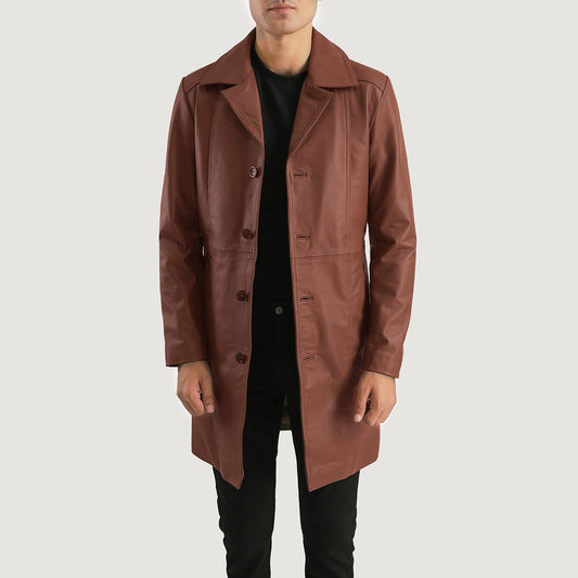 Don Long Brown Leather Coat - men's coat in brown cowhide leather, view 1