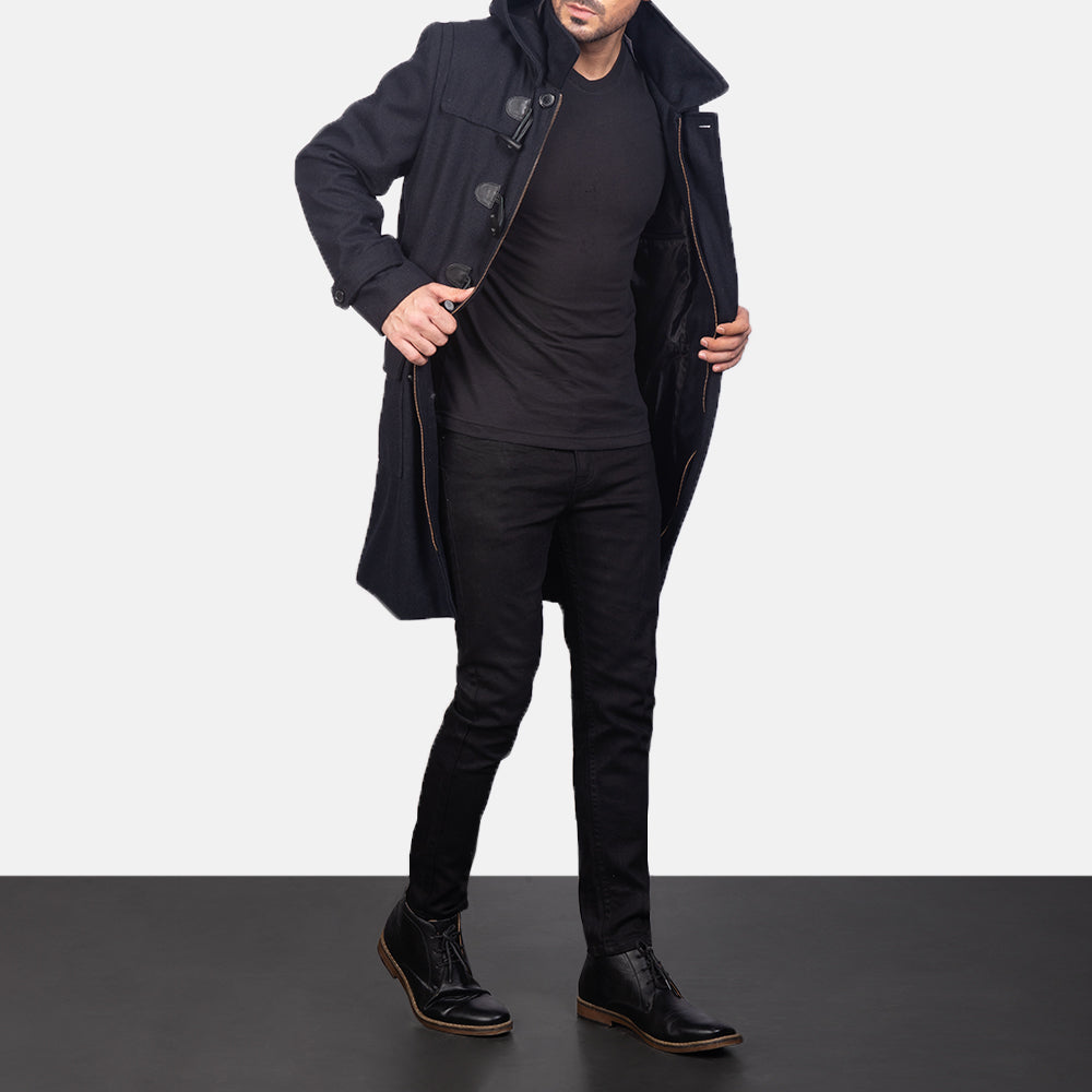 Drake Black Wool Hooded Duffle Coat - men's coat in black wool, view 1