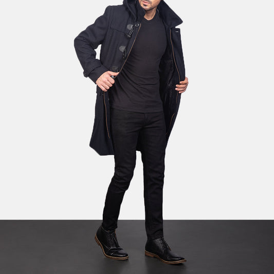 Drake Black Wool Hooded Duffle Coat - men's coat in black wool, view 1