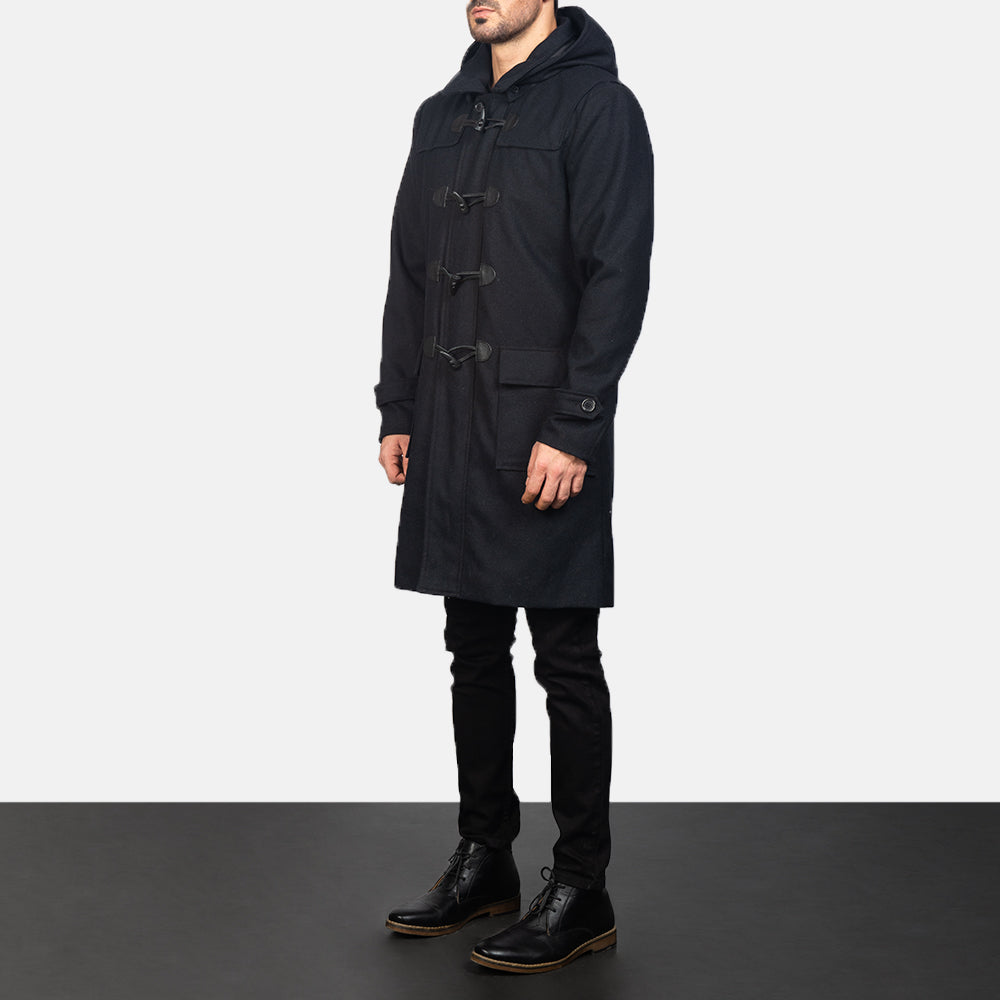 Drake Black Wool Hooded Duffle Coat - men's coat in black wool, view 2
