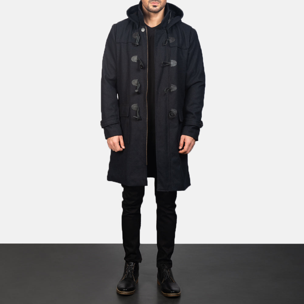Drake Black Wool Hooded Duffle Coat - men's coat in black wool, view 3