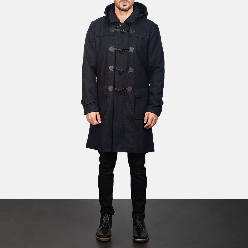 Drake Black Wool Hooded Duffle Coat - men's coat in black wool, view 4