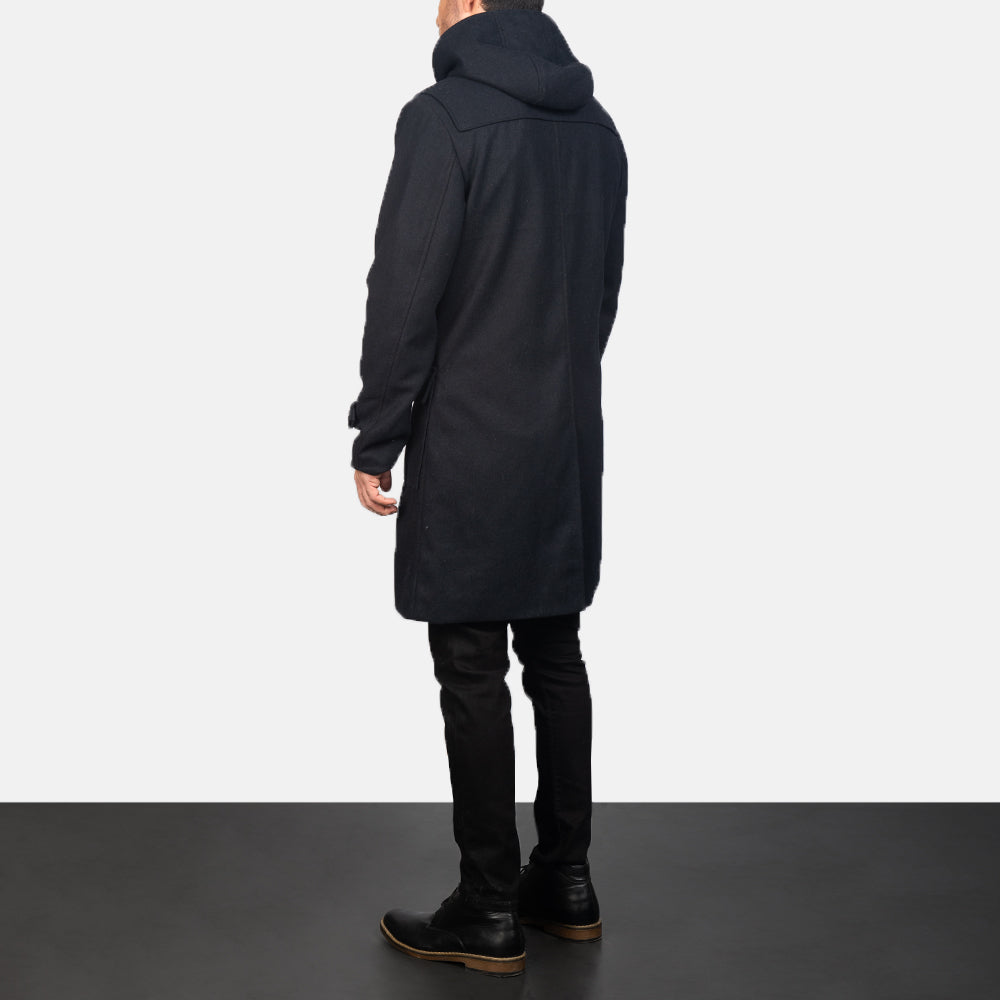 Drake Black Wool Hooded Duffle Coat - men's coat in black wool, view 5
