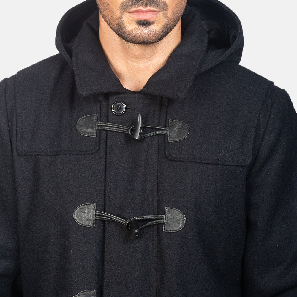 Drake Black Wool Hooded Duffle Coat - men's coat in black wool, view 6