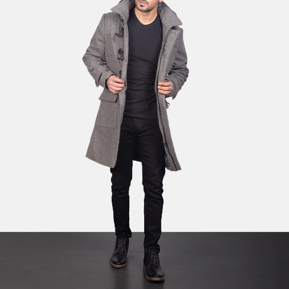 Drake Grey Wool Hooded Duffle Coat - men's coat in grey wool, view 1