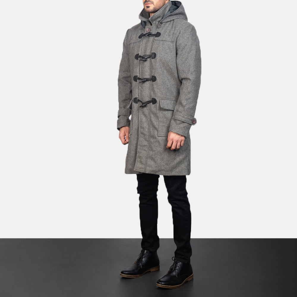 Drake Grey Wool Hooded Duffle Coat - men's coat in grey wool, view 2